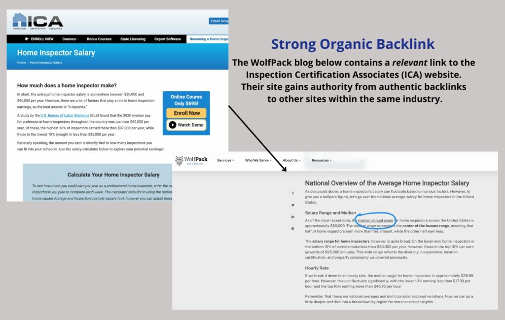 Example of an organic backlink from one site to another