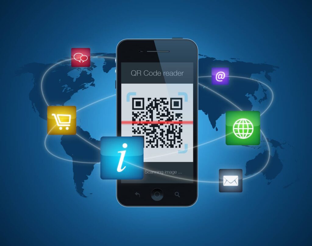 A QR code is displayed on a smartphone.