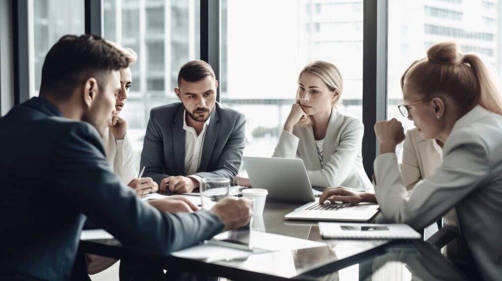 Marketing team brainstorming in the board room