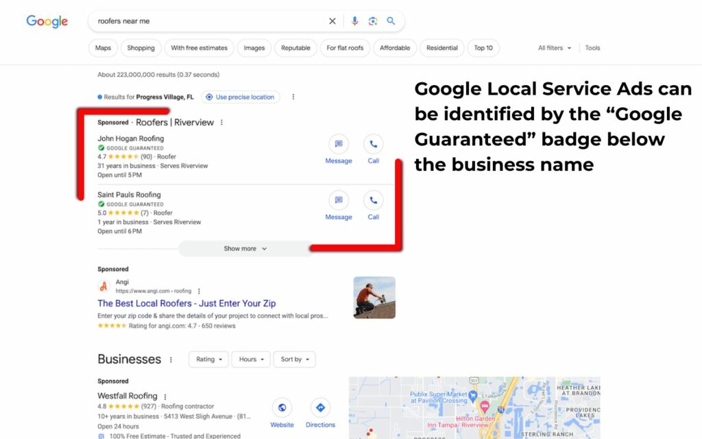 Example of google local services ads in search engine results.