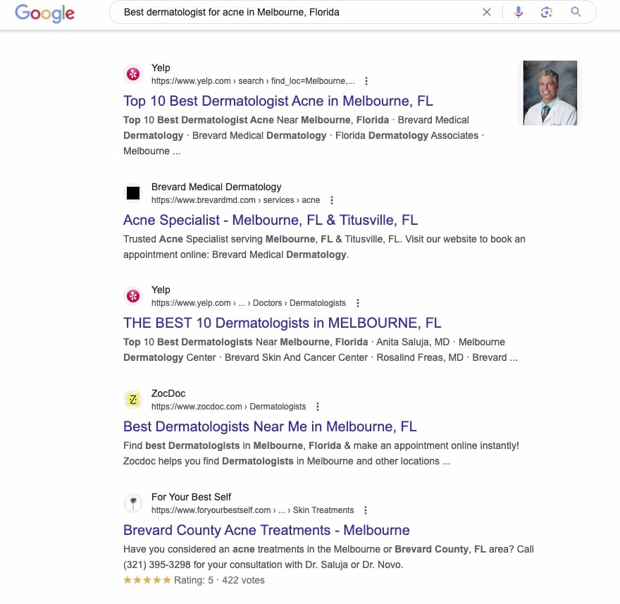 An image capture of the Google search results for the best dermatologist for acne in Melbourne, Florida