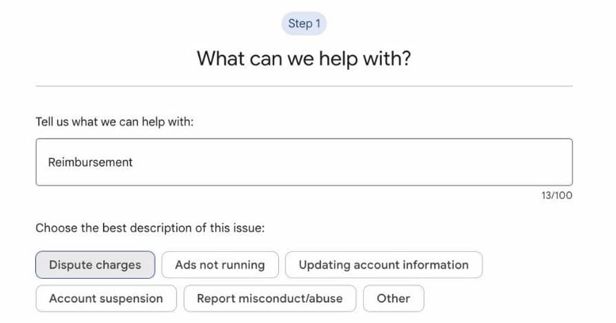 An image showing the first step in filing for reimbursement for disputed charges.