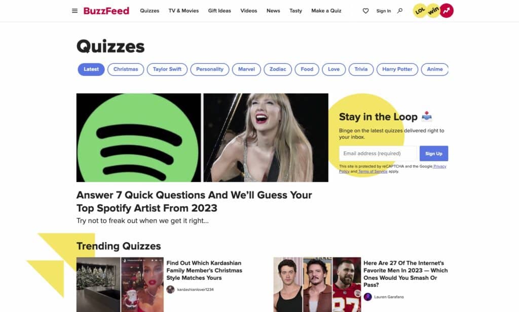 An image of a website that uses quiz to drive traffic as an example of Engagement interactive posts