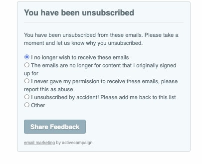 An image of the confirmation page that lets the recipient know they have been unsubscribed from your email marketing