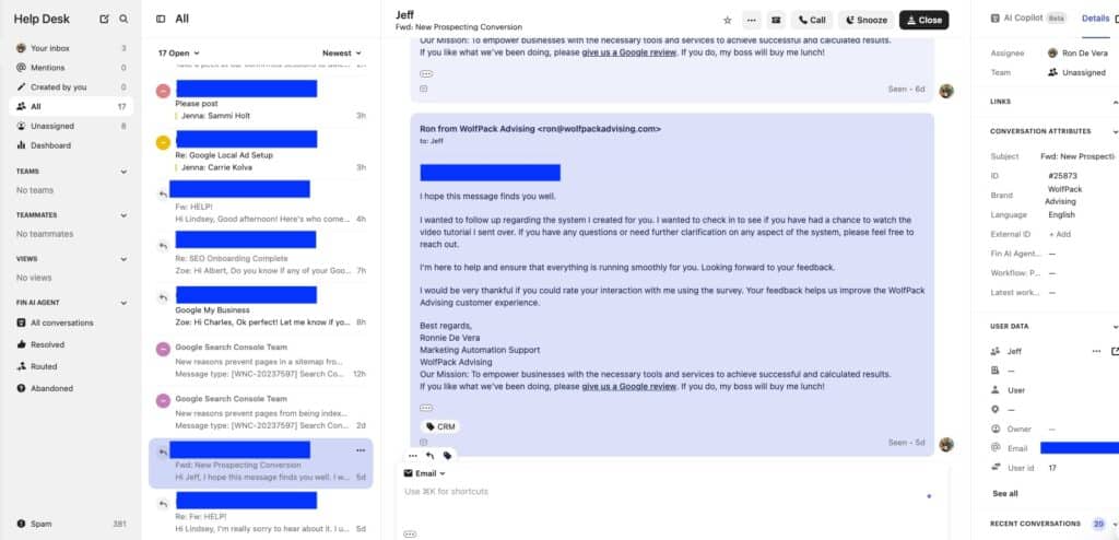 An image of a live chat with a WolfPack Advising CRM customer - targeted leads