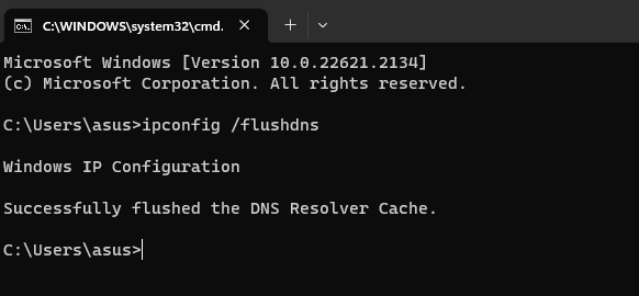 An image showing a command prompt after slushing the DNS cache