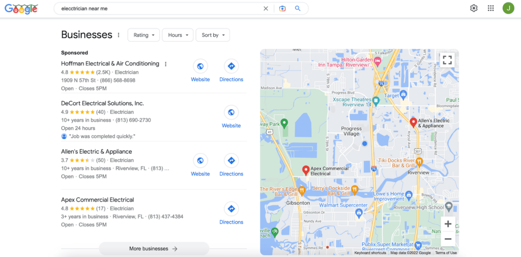 electrician near me in local google search: Google Business Profiles showing.