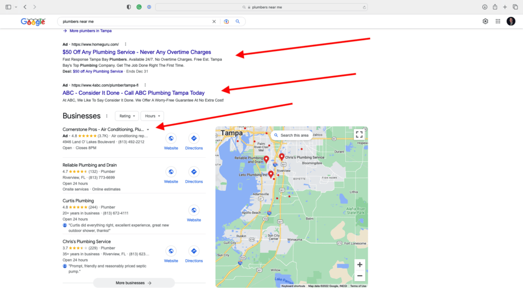 Google Search Ad Results for plumbers near me