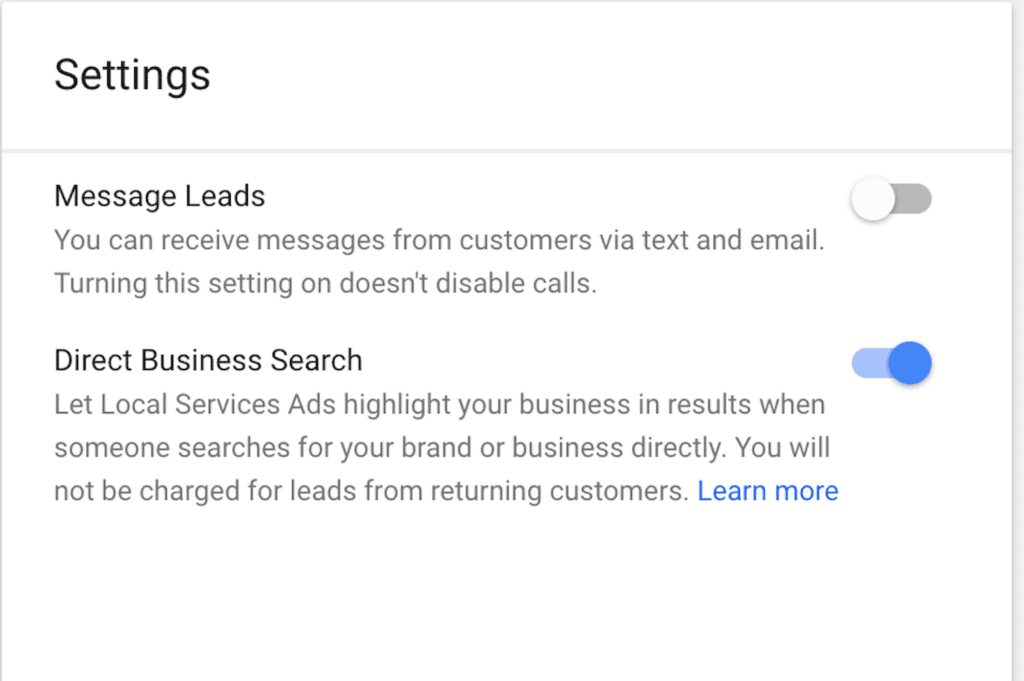 Visual of Direct Business Search being toggled on in settings