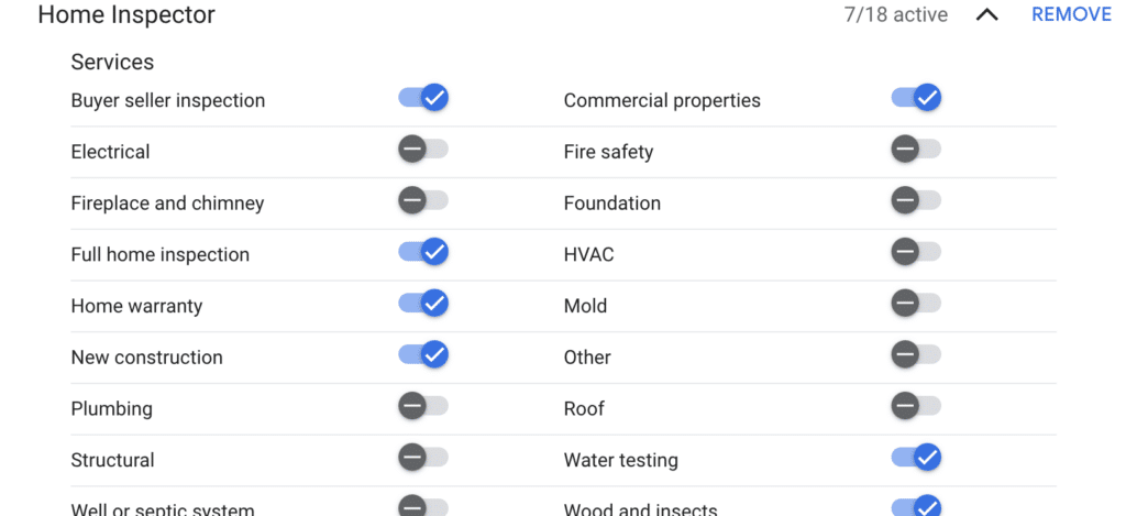 View of the job type and service toggles for the GLSA profile.