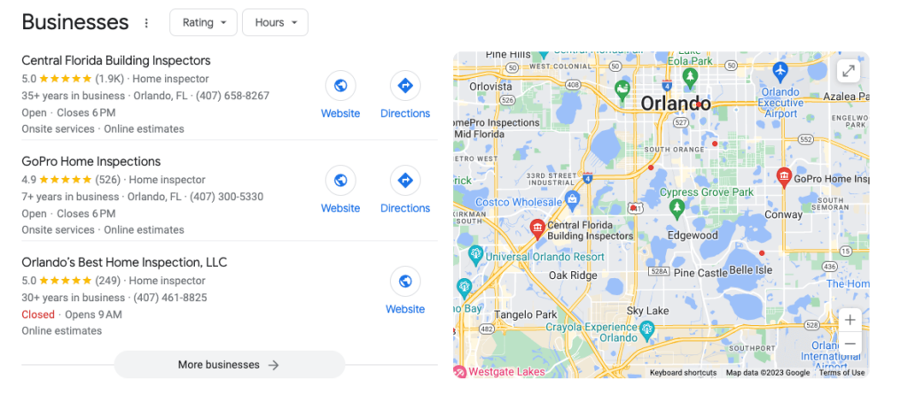 NAP information for local business in local search on Google in map pack