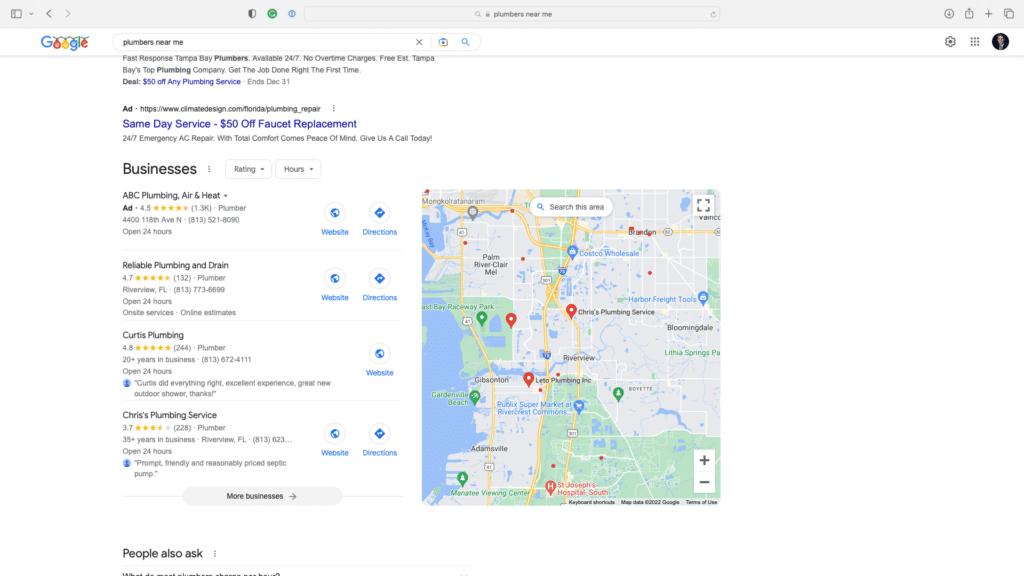 plumbers near me in local google search: Google Business Profiles showing.