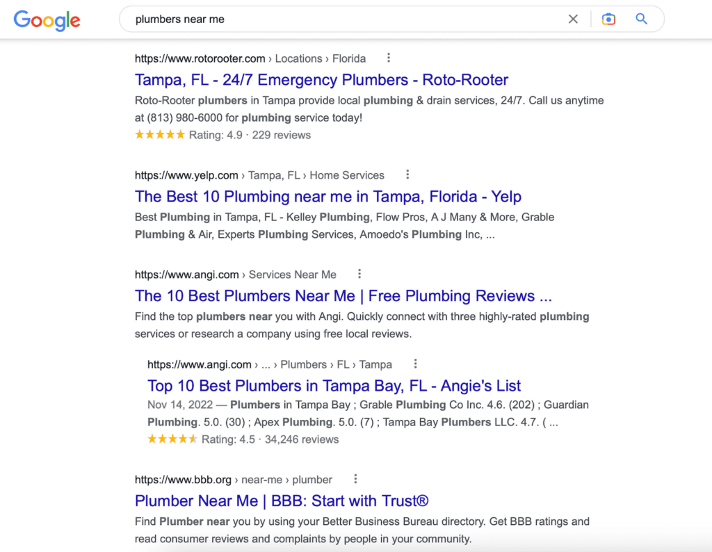 Plumbers near me Google Search results.