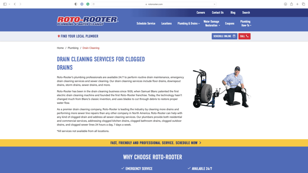 service page on drain cleaning