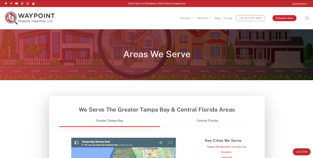 Service area page from waypointinspection.com