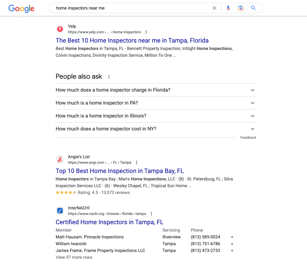 Google Search Rankings for home inspectors near me