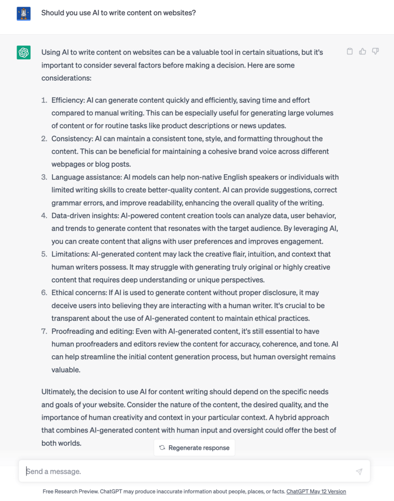 Should you use AI to write content on websites? (AI response)