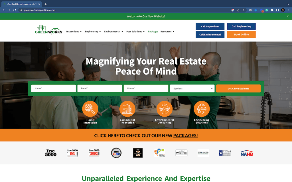 screenshot of top of home page for greenworks inspections